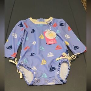 Ruffle Butts Blue Sailboat Print Baby Romper
